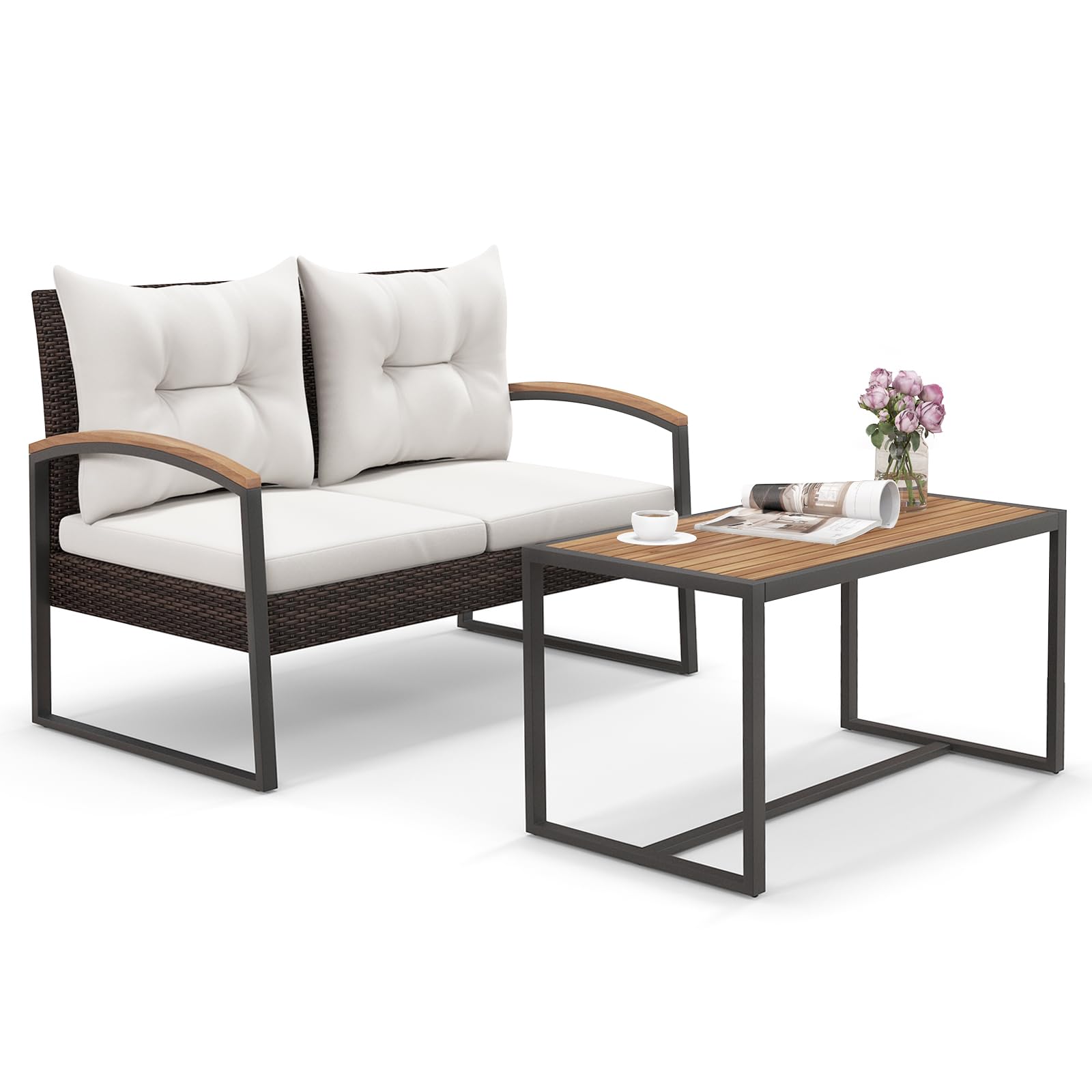Tangkula Salon de jardin 2 pièces en osier, causeuse d'extérieur robuste avec coussins et table basse en bois d'acacia